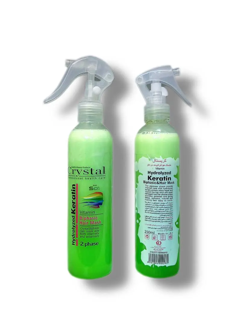 ماسک موی دو فاز سبز کریستال برای ترمیم و تغذیه موهای خشک و آسیب دیده 250میل مدل Hydrolyzed Keratin