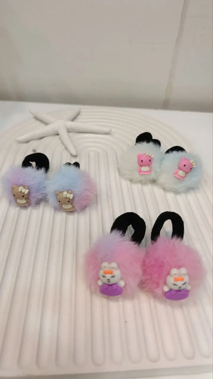 کش مو مدل پشمالو توپی عروسکی بسته ۲ عددی